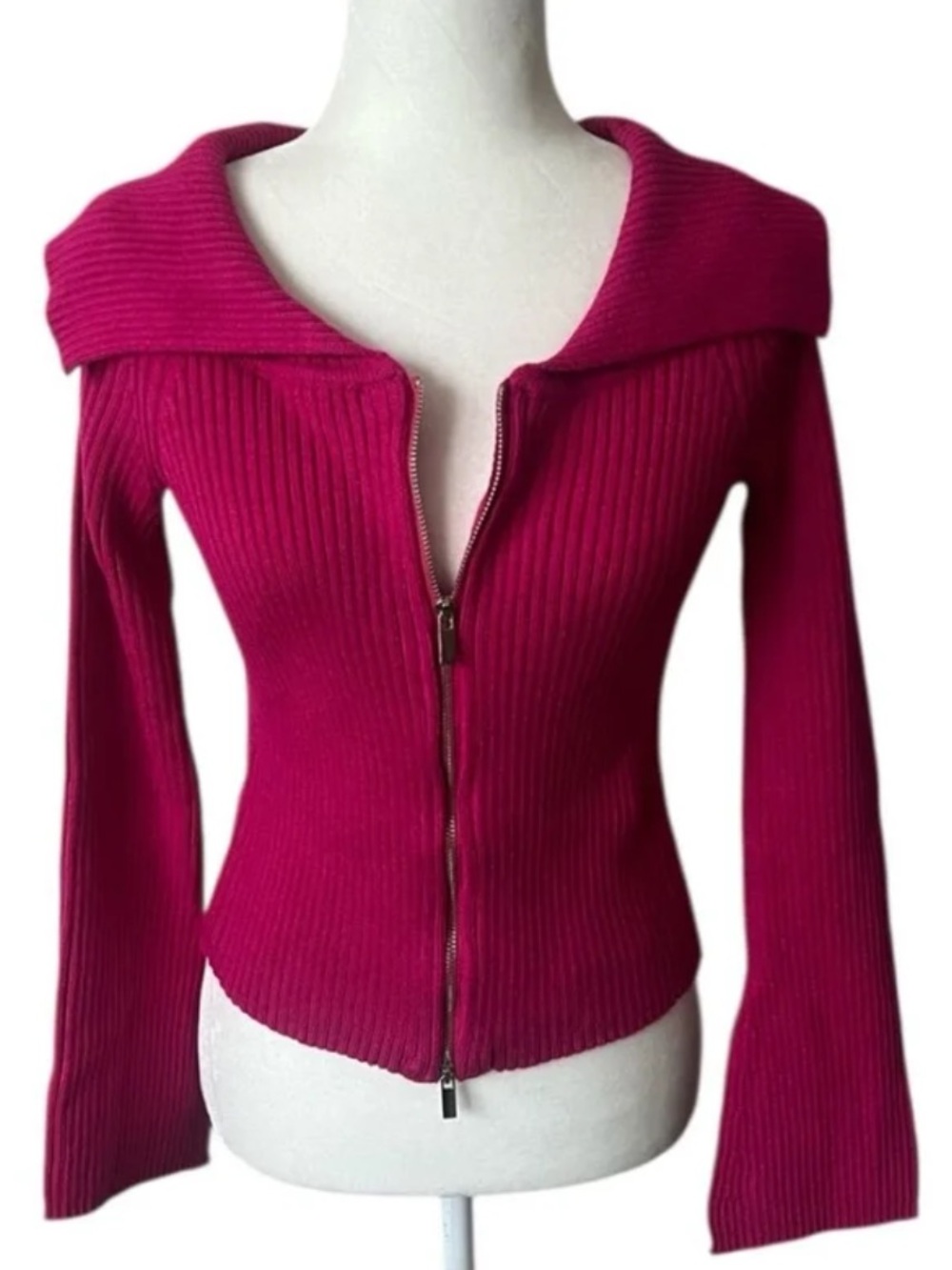 Area Stars Magenta Ribbed Double Zip Cardigan Wide Collar Bell Sleeve M NWT